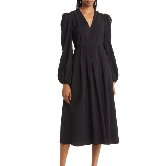 Chelsea28 Dresses & Skirts - Chlesey28 Pleated Puff Shoulder Long Sleeve Midi Dress Black Womens Size Small